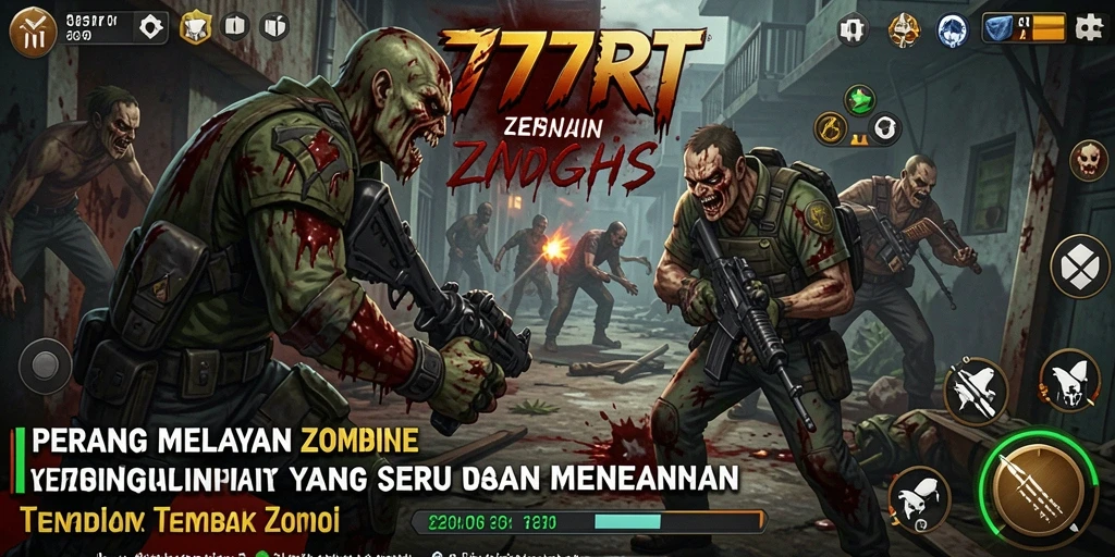 Tampilan antarmuka permainan 777RT dengan aksi melawan zombie.