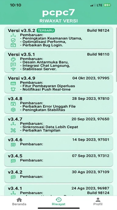 Tampilan riwayat versi pcpc7